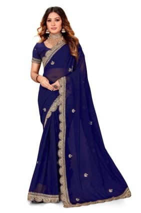Navy Saree with Embroidered Georgette SR25220