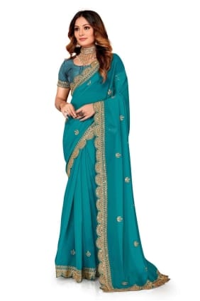 Embroidered Georgette Saree in Rama with Blouse SR25221