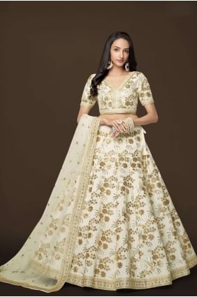 White Silk Wedding Lehenga Choli in Embroidered LC7175