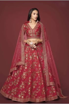 Embroidered Wedding Lehenga Choli in Red Silk LC7177