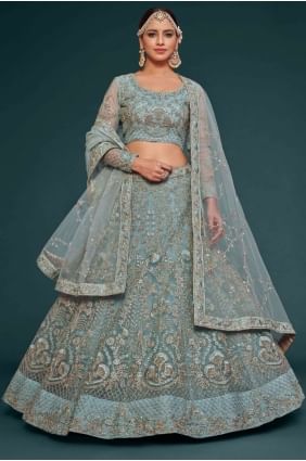 Ocean Aqua Soft net Wedding Lehenga Choli with Embroidered LC7184