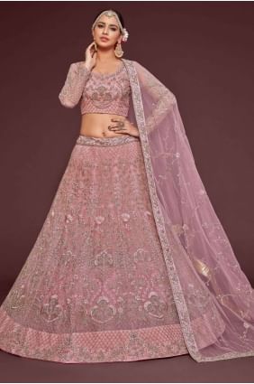 Embroidered Wedding Lehenga Choli in Pearl pink Soft net LC7187