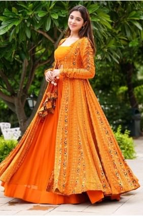Bright orange Georgette Digital print Indowestern with Dupatta PZ3711