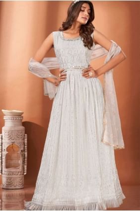 Mirror Georgette Gown Dress in White with Dupatta GW0646
