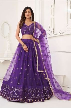 Net Wedding Lehenga Choli in Purple with Embroidered LC7287