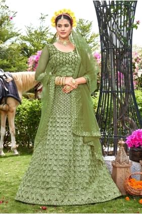 Wedding Lehenga Choli in Mehndi Net with Embroidered LC7302
