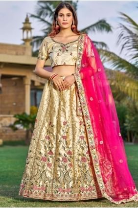 Cream Wedding Lehenga Choli in Satin with Embroidered LC7304