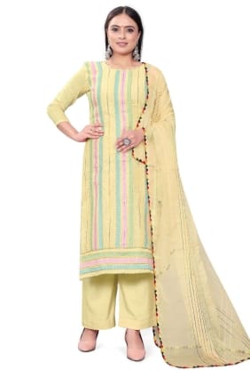 Embroidered Chanderi Yellow Palazzo Suit with Dupatta PZ3724