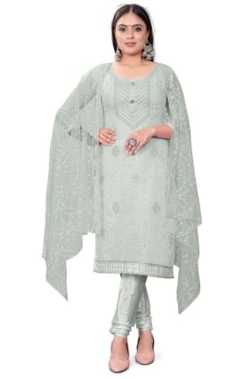 Grey Embroidered Salwar Kameez in Chanderi SK153655