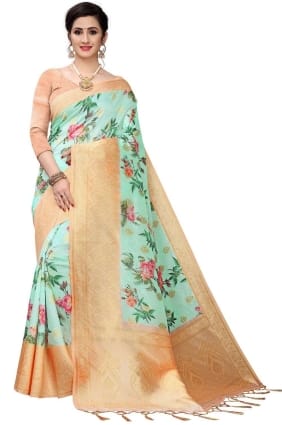 Silk Digital print Mint green Saree with Blouse SR25599