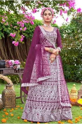 Wine Wedding Lehenga Choli in Net with Embroidered LC7313