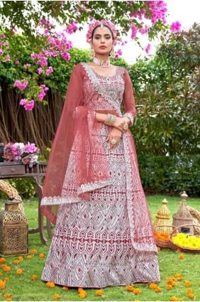 Peach Net Wedding Lehenga Choli with Embroidered LC7315