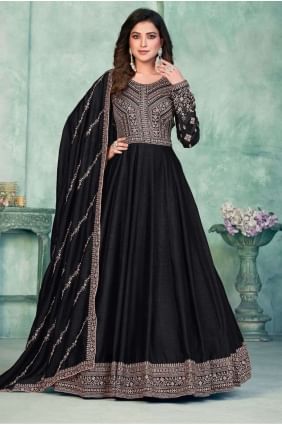 Black Anarkali Suit in Art silk with Embroidered AS3748
