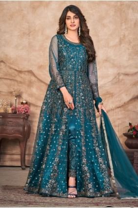 Net Anarkali Suit in Teal with Embroidered AS3754