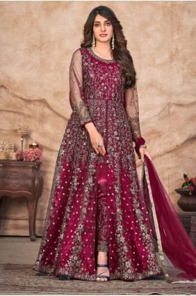 Red Anarkali Suit in Embroidered Net AS3755