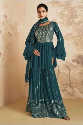 Sharara Suit in Aqua blue Chinon chiffon with Embroidered SS1083
