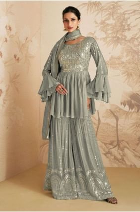 Embroidered Chinon chiffon Sharara Suit in Grey SS1085