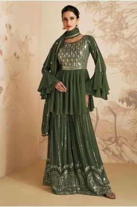 Mehndi green Chinon chiffon Embroidered Sharara Suit with Dupatta SS1086