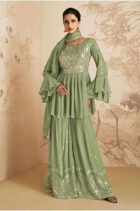 Pista green Sharara Suit in Chinon chiffon with Embroidered SS1088