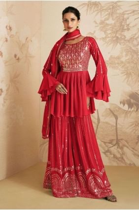 Red Embroidered Chinon chiffon Sharara Suit SS1089