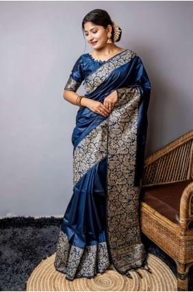 Raw silk Weaving Saree in Blue SR25672