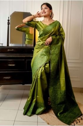 Olive Saree in Raw silk with Weaving SR25678