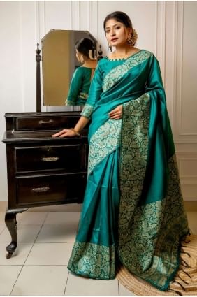 Raw silk Saree in Rama with Weaving SR25681