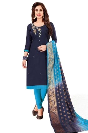 Navy blue Silk Embroidered Salwar Kameez with Dupatta SK153761