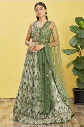 Wedding Lehenga Choli in Green Organza with Digital print LC7374