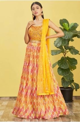 Yellow Digital print Wedding Lehenga Choli in Organza LC7378