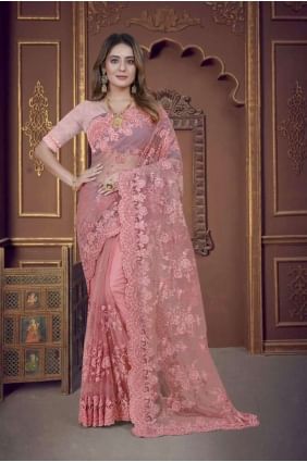 Embroidered Dusty gajari Saree in Net SR25721