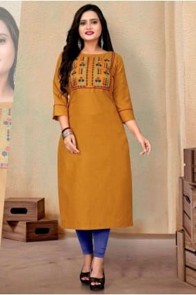 Yellow Cotton Embroidered Kurti KTI2260