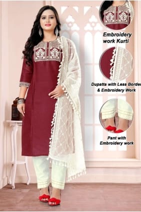 Cotton Maroon Straight Pant Suit in Embroidered SK153791