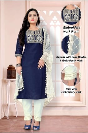 Navy blue Cotton Straight Pant Suit with Embroidered SK153794