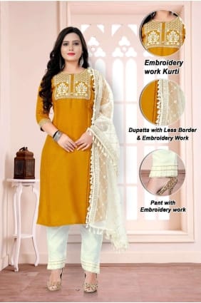 Embroidered Cotton Straight Pant Suit in Mustard yellow with Dupatta SK153795