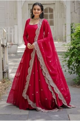 Faux georgette Gown Dress in Magenta pink with Plain GW0684