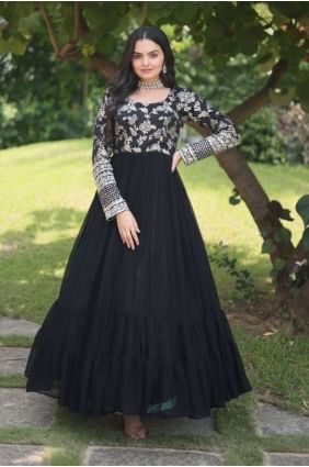 Black Gown Dress in Embroidered Faux silk GW0688