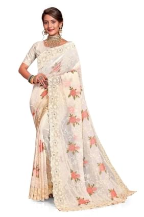 Off white Georgette Saree with Embroidered SR25896