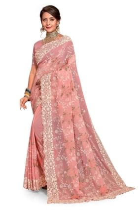 Peach Saree Embroidered with Georgette SR25900