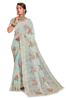 Embroidered Georgette Mint Saree with Blouse SR25902