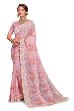 Georgette Embroidered Pink Saree with Blouse SR25903