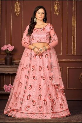 Peach Embroidered Lehenga Choli Net LC7552