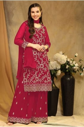 Red Embroidered Palazzo Suit in Georgette PZ3852