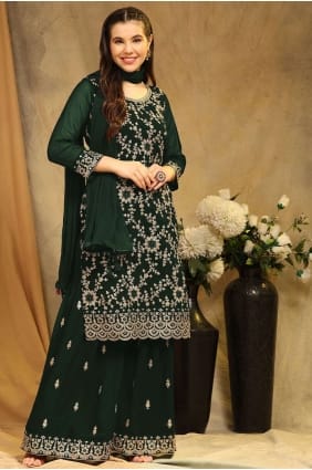 Embroidered Georgette Palazzo Suit in Green with Dupatta PZ3855