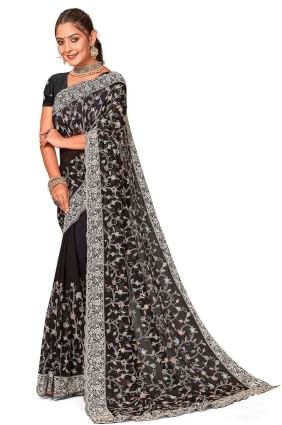 Saree in Black Georgette Embroidered SR25970