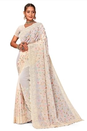 Off white Embroidered Georgette Saree SR25971