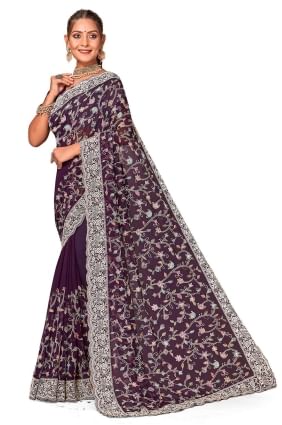 Purple Saree in Embroidered Georgette SR25972