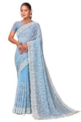 Georgette Saree in Sky blue with Embroidered SR25974