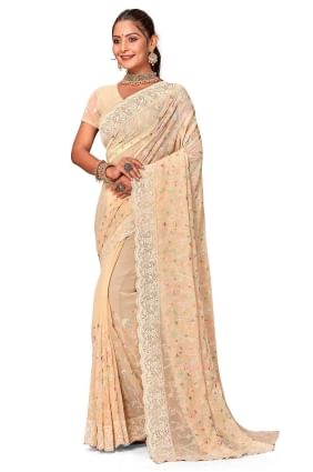 Georgette Lemon yellow Saree in Embroidered SR25976