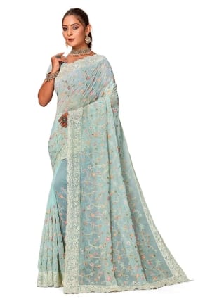 Embroidered Georgette Saree in Mint with Blouse SR25977